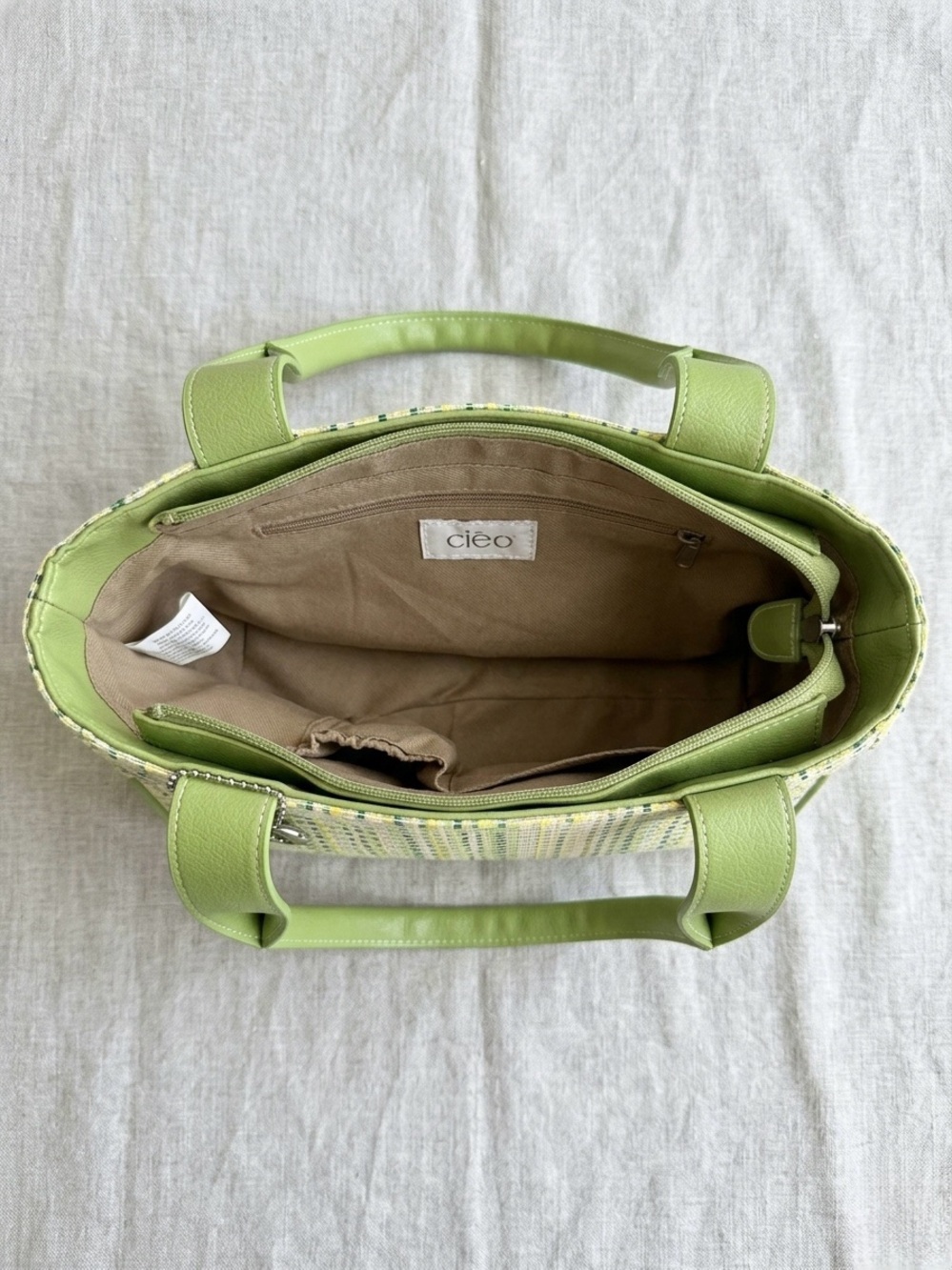 cleo Green and Yellow Striped Tote with Lime Leather Handles - Picture 3 of 3